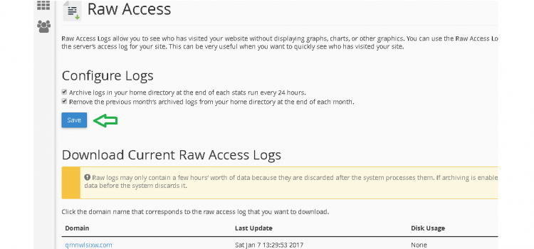 Click on domain name to get logs