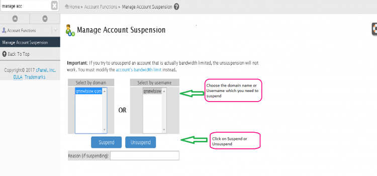 Choose domain name to suspend/unsuspend